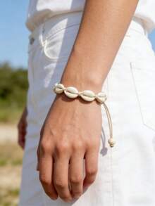 1 pieza/3 piezas/5 piezas Pulsera de pareja con cordón ajustable y decoración de conchas, estilo bohemio de moda para la playa - Beis - Ver 2