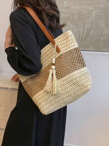 A New Stylish Vacation-Style Women's Beach Tote Bag, Lightweight Hand-Woven Straw Shoulder Bag With Contrasting Color Stripes And Tassel Decoration, Casual Woven Handbag With Zipper Closure, Perfect For Vacations And Travel, A Must-Have For Vacations, Beach Bag, Summer, Vacation, Woven Bag. - 米色 - 查看 3