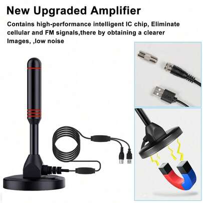 YAIUZGOO 便携式高清电视天线，DVB-T 放大，25dBi 增益，接收范围超过 250 英里，超高清电视接收天线，带放大器，VHF/UHF 快速响应，户外天线套装，带磁性底座，适用于室内外电视，适用于智能电视和老式电视。