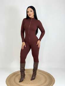 Elegant Women's Virginia Jumpsuit, Seersucker Fabric, With Zipper, Long Sleeves, Suitable For Winter And All Seasons. - 鏽棕色 - 查看 4