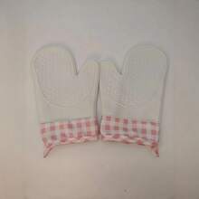 1只耐热硅胶烤箱手套，加厚粉色格子设计，棉质内衬，防滑，适用于烘焙和烹饪 - 查看 2