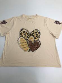 Plus Size Women's Casual Heart-Shaped Leopard Print Round Neck T-Shirt, Mother's Day Gift; Gift For Mom; Graduation Short Sleeve Shirt; Back To School Outfit; Graduation Ceremony; Female Teacher Attire; Summer Clothing For Family And Friends. Suitable For Daily Wear, Outdoor, Festivals, Beach, Parties, School, Music Festivals, Vacations, Commuting And Outings - Apricot - View 7