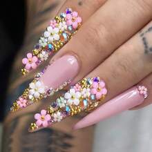 1 Box (24pcs) Pink & Gold Flower Cluster False Nails, Essential For Daily Wear And Dates - Multicolor - View 1