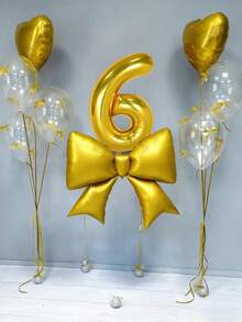 12pcs Birthday Decoration Set, Large Gold Bow Foil Balloons, 40-Inch Gold 0-9 Birthday Number Balloons, 18-Inch Gold Heart Balloons, Clear Latex Balloons (With Balloon Ribbons), Suitable For Birthday Party, Anniversary Decoration - Gold - View 6
