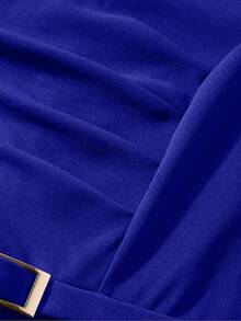 女士优雅V领荷叶边下摆纯色连衣裙，不对称/不规则中长连衣裙，适合优雅场合、婚礼、办公室、日常穿着，春夏皆宜 - 藍色 - 查看 8