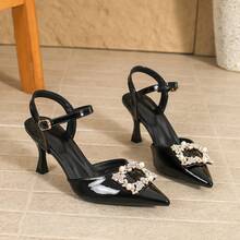 尖头露跟凉鞋，细跟，搭扣设计，时尚简约 - 黑色 - 查看 8