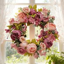 1pc 45cm/17.72in Romantic Vintage Style Artificial Simulated Peony Flower Hanging Decorative Wreath For Thanksgiving, Harvest, Christmas, Valentine's Day, Mother's Day, Weddings, Holiday Party Mantel, Wall, Door Window, Staircase Decorative Wreath, Thanksgiving Gift - A - 查看 7