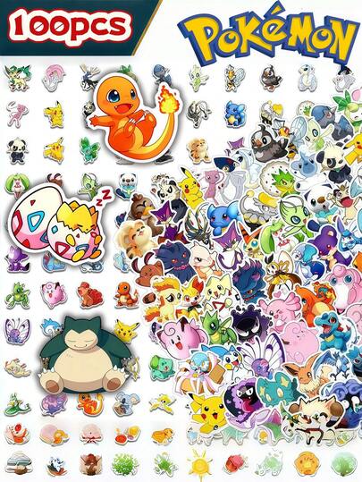 pokemon 100张动漫贴纸，高级贴纸套装，PVC装饰贴纸，适用于笔记本、日记本、行李箱