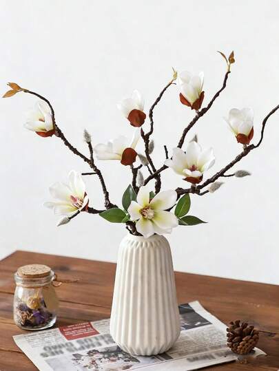3/5/10 Pcs Artificial Magnolia Flowers, Artificial Plum Blossom Simulation Bouquet, White Plum Blossom, Winter Sweet Simulation Flowers, Suitable For Home, Wedding, Kitchen, Office, DIY, Hotel Vase, Table Decoration, Valentine's Day, Gifts