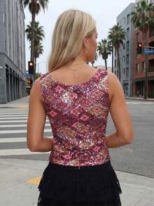 Women Sequin Tank Tops Slim Contrast Sparkly V Neck Sleeveless Vest Stylish Summer Streetwear - Rojo - Ver 6