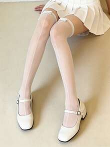 1双女士迷人过膝袜，哑光质地，防勾丝，带蝴蝶结和竖条纹设计，适合洛丽塔、JK和日系时尚风格 - 彩色 - 查看 1