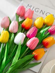 Colorful/White Artificial Tulip Flowers, Suitable For Mother's Day Gift, Desktop Decor, Wedding, Party, DIY Bouquet, Home Decor, Plastic Flowers, Decorations, Easter, Valentine's Day Wreath, Wedding Bouquet, Back To School Room Decor, School Supplies - Multicolor - View 1