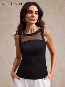 Camiseta elegante de Aliao con malla de cristales y cuentas, parte superior sin mangas para primavera/verano, para ir al trabajo, citas, bodas, playa - Negro - Ver 4