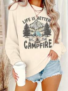 Women's Camp Graphic Sweater - "Life Is Better By The Campfire" Mountain And Pine Tree Design, Warm Crew Neck Sweater For Autumn Winter, Medium Elasticity Casual Sweater, Machine Washable, Camping Decorations, Outdoor Style, Relaxed Fit, Comfortable Material, Long Sleeve Top, For Nature Lovers2025 - Apricot - View 2