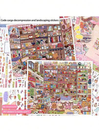 Pegatinas de escenario de tienda general vintage de tamaño extra grande, pegatinas de la serie de almacenamiento de bienes en miniatura, pegatinas decorativas de collage DIY con línea de posicionamiento 3D