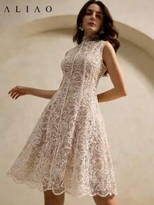 Aliao 华丽佩斯利刺绣网纱拼接透视连衣裙，适合婚礼季、情人节、派对活动、复古风、宫廷风，吸睛单品，优雅日常穿着，春夏皆宜。 - 杏色 - 查看 2