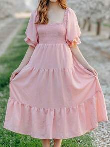 Bohemia Women's Off Shoulder Maxi Dress  Ruffle Dress - Matching Family Outfits - Yellow Smocked Tiered Dresses For Summer - Pink - View 10