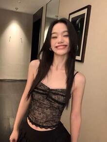 Áo hai dây ren thắt nơ, áo lót không tay ôm sát dành cho nữ. - màu đen - Xem 2