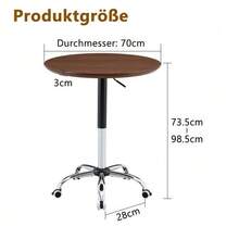 Mesa auxiliar color nogal con ruedas, altura regulable, 70 cm de diámetro, mesa redonda moderna para oficina, cocina y cafetería. - Marrón - Ver 3