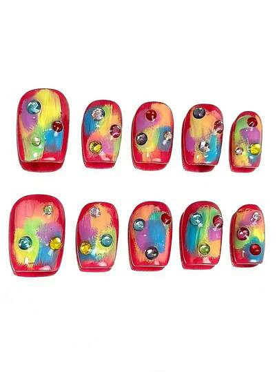 10片纯手工制作的短方形美甲贴片，粉色、红色、绿色、蓝色、紫色和黄色可选，饰有彩色钻石蝴蝶结和星星，法式可爱时尚，Y2K风格，柔和闪光，适合女性和女孩，春夏秋冬，节日和日常生活均可使用。