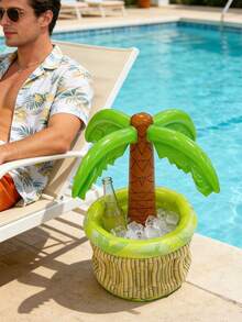 Inflatable Hawaiian Coconut Tree Beer Cooler - Green & Yellow Tropical Pool Party Decor, Summer Coconut Tree Oversized Pvc Inflatable Ice Bucket, Outdoor Swimming Pool Party Beer And Beverage Bucket Party Decoration,Durable Pvc Drink Bucket With Ice Capacity Birthday Celebrations, Beach Accessory, Hibiscus Pattern, Textured Surface - View 2