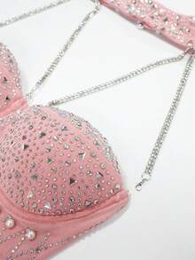 NIKBK Sexy Backless, Strapless Pink Choker Dress With Rhinestone, Pearl & Faux Feather Decor, Suitable For Birthday Party, Cocktail Party, Club, Wedding Guest - Baby Pink - View 9