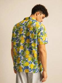 Bright Lemon And Blue Floral Pattern Symbolizes Joyful Summer Freshness And Vitality On A Stylish Lightweight 3D Printed Men Short Sleeve Hawaiian Shirt Perfect For Casual Beach Wear - 白色 - 查看 2