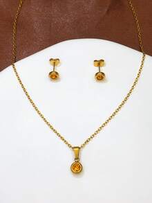 Bộ trang sức 3 món bằng thép không gỉ, bao gồm dây chuyền mặt đá CZ tròn và bông tai dáng dài, thích hợp làm quà tặng tốt nghiệp, tựu trường, Ngày Valentine, Ngày của Mẹ, sinh nhật, kỷ niệm, hẹn hò, dự tiệc và du lịch. - Nhiều màu - Xem 7