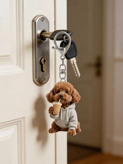 2D Flat, A Cute Brown Teddy Dog Drinking Milk Tea Pattern Keychain, Lovely Pet Dog Keychain Milk Tea Cup Aesthetic Key Ring Purse Handbag Decor Gift Lovers Dog Owners,Novel Acrylic Design Keyring Decoration, Lightweight, Suitable For Car Keychains, Phone Keychains, Backpack And Wallet Keychain Decorations - Can Be Used As A Birthday,Pet Lovers Keyring Car Key Bag Pendant,Mother's Day, Back-To-School Gifts
