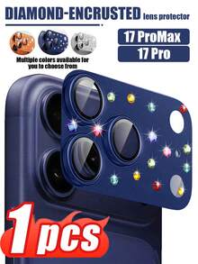1 Set - Deep Blue 9H Tempered Glass Camera Lens Protector With Rhinestones, Ultra-Clear, Shatter-Proof, Anti-Scratch, Waterproof, Seamless Full Coverage, Smooth Edges, Anti-Scratch, Anti-Wear, Silky Touch, Shiny Camera Cover, Compatible With IPhone 17 Pro Max/17 Pro Series - Dark Blue - View 1