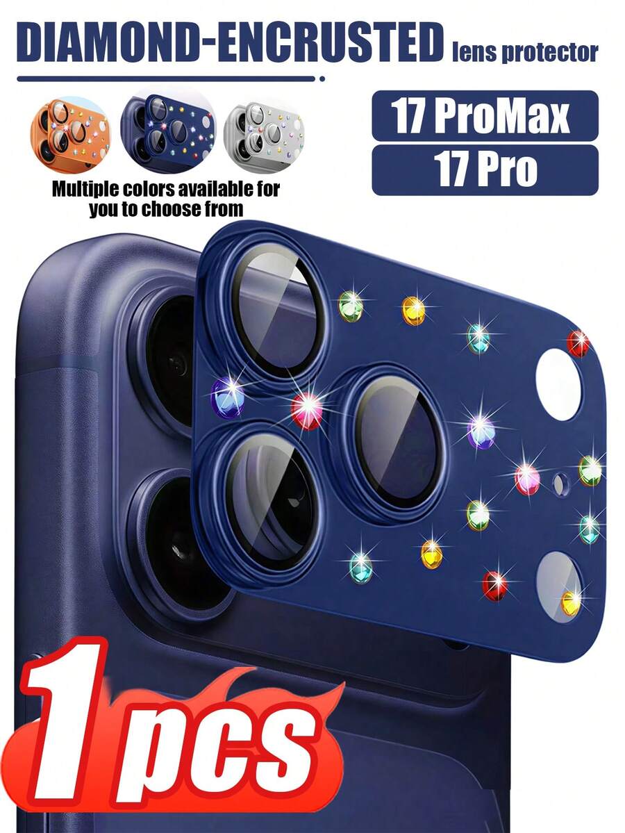 1 Set - Deep Blue 9H Tempered Glass Camera Lens Protector With Rhinestones, Ultra-Clear, Shatter-Proof, Anti-Scratch, Waterproof, Seamless Full Coverage, Smooth Edges, Anti-Scratch, Anti-Wear, Silky Touch, Shiny Camera Cover, Compatible With IPhone 17 Pro Max/17 Pro Series - Dark Blue - View 1