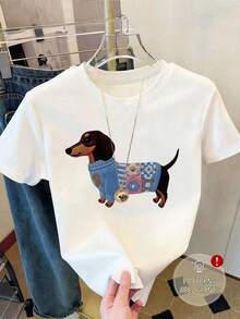 女士休闲可爱腊肠犬印花加大码长袖短袖T恤，高弹力，正常长度，夏季款 白色 - 白色 - 查看 1