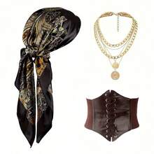 3 Peças Conjunto de Acessórios de Fantasia de Pirata: Lenço de Cabeça, Cinto, Colar, Chapéu, Tapa-Olho, Fantasia de Pirata Feminina para Festa, Mascarada, Halloween, Natal - Multicolorido - Visão 17