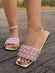 女士平底方头凉鞋，多巴胺色混搭，休闲舒适室内外两用拖鞋，慵懒度假沙滩人字拖 - 淺粉色 - 查看 5