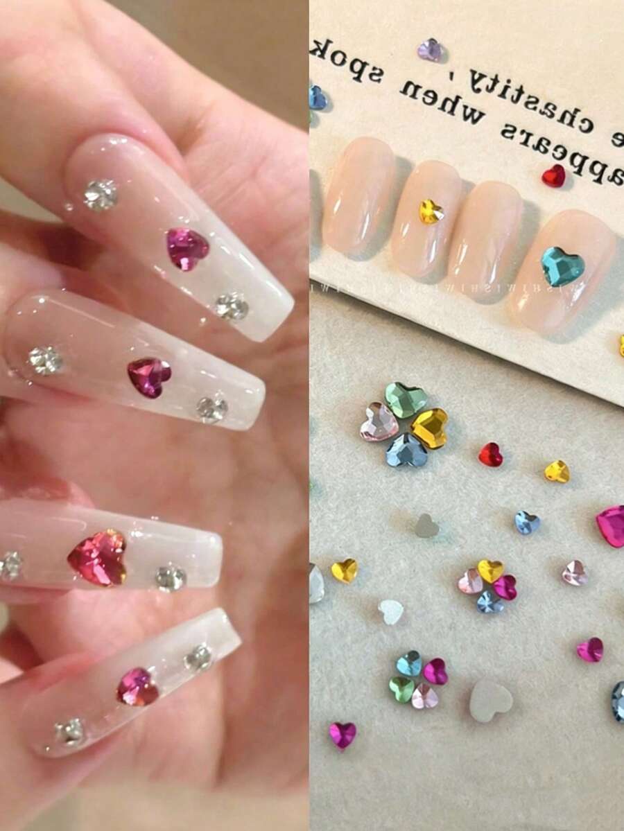 50-200pcs Shiny Multi-Color Heart Nail Diamonds Flatback Rhinestones Small Heart Crystal Nail Studs Professional Gel Nail Decor Accessories - Multicolor - View 1