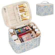 Travel Makeup Bag Cosmetic Bags for Women Makeup Case Organizer Large Capacity Travel Toiletry Bag Storage Bags with Divider and Handle for Cosmetics Toiletries Brushes Tools-Blue Floral - 001Floral azul - Ver 2