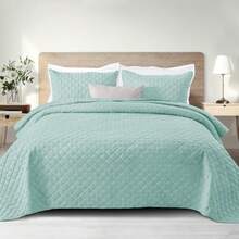 Soft Quilt Set King Size 3 Pieces Lightweight Quilts Aqua Bedspreads Coverlets Bedding Set for All Seasons Grid Pattern - Cuadrícula Aqua - Ver 8