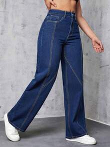 Fashionable Elegant Pocket Button Solid Color Pants, Suitable For Casual Daily Wear For Teen Girlin Spring, Summer, Autumn And Winter - Dark Wash - View 6