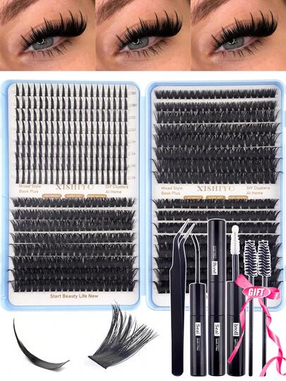 592 Natural D-Shaped Curled False Eyelashes, Mixed Pack Of Thick Black Synthetic False Eyelashes, Suitable For Beginners, Large Capacity Eyelash Box, Classic Cartoon Design, Long-Lasting , Suitable For Everyday Makeup, Parties, Weddings, Christmas, Music Festivals, Etc. Includes Eyelash Glue, Tweezers And Eyelash Brush. Travel Size.