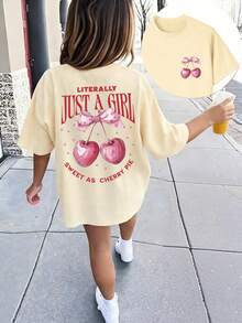 Tween Girl Creative Bow & Cherry Print T-Shirt, Soft & Comfortable Fabric, Suitable For Girls' Outdoor Sports, Daily Wear, Street & Campus Style, Fashionable Spring/Summer Casual Versatile Top - Apricot - View 4