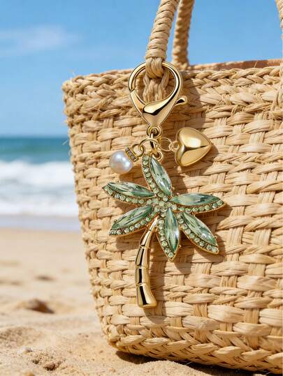 Coconut Tree With Colored Diamonds Keychain, With Pearl Heart Pendant, Bag Pendant, Car Pendant Sea Creatures Pendant, Purse Accessories Charm, Elegant Car Ornament, Backpack Charms, Purse Pendant, Lightweight And Versatile, , Travel Accessories, Beach Party Decor, Everyday Fashion Accessories, Perfect Gift For Easter, Mother'S Day, Independence Day, Wedding, Graduation Season