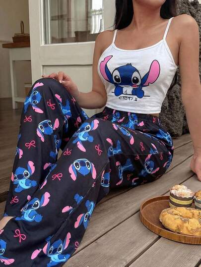 Disney Bộ đồ ngủ nữ in hình Stitch dễ thương, áo hai dây cổ tròn, kiểu áo chui đầu, thoải mái mặc nhà cho mùa xuân, hè và thu.