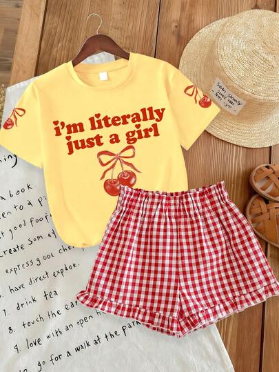 2件套少女休闲樱桃印花短袖T恤和红色格子短裤套装，夏季新品