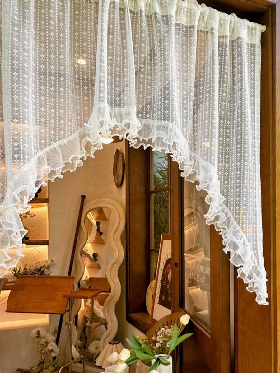 1 pieza Cortina de encaje premium con volantes transparentes, diseño elegante para pequeñas ventanas, cortina para puerta de gabinete - Blanco - Ver 1