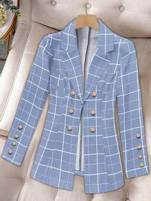 Women's Front Button Notched Collar Long Sleeve Plaid Casual Blazer Spring - Dusty Blue - View 3