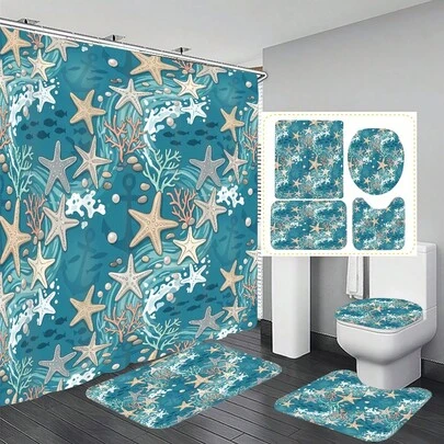 1pc/4pcs Starfish Pattern Bathroom Decor Shower Curtain Set, Free 12 Hooks Included, Elegant Holiday Atmosphere, Bathroom Mat, U-Shaped Floor Mat And Round Toilet Mat, Suitable For All Scenarios Bathroom Set