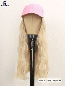 26英寸金色长卷发假发，配有粉色一体式棒球帽，耐热，适合日常佩戴 - 金色 - 查看 3