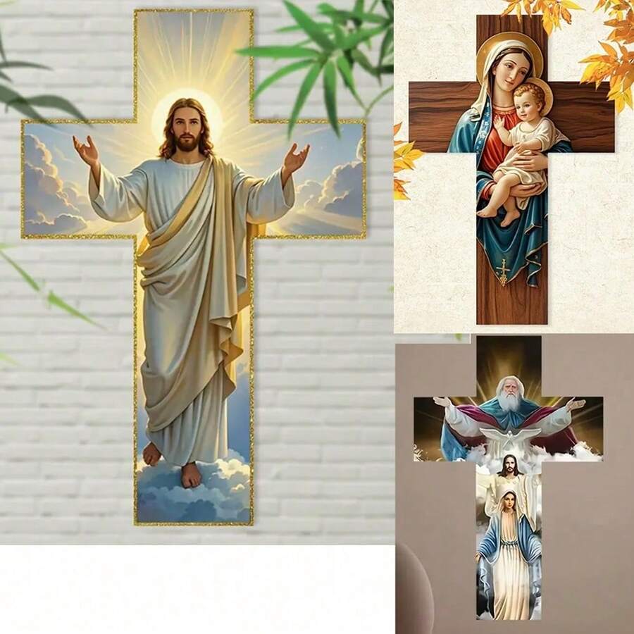1件木质耶稣基督十字架墙饰,优雅圣母玛利亚画像,宗教主题,适用于卧室、客厅、办公室、玄关等场所的艺术装饰,节日和家居装饰礼品,圣诞节装饰,2D - 多色-木板 - 查看 1