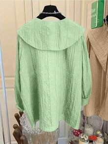 Women's Navy Collar Long Sleeve Pleated Shirt With Front Button And Drawstring Detail, Polyester Washable, Fashionable Blouse For All Seasons Spring - Mint Green - View 2