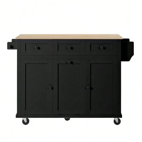 Kitchen Island With Wheels, Extendable Dining Area, Kitchen Island With Waste Bin And Drawers, Mobile Kitchen Island Ideal For Kitchen And Dining Room (White) - Black - View 1